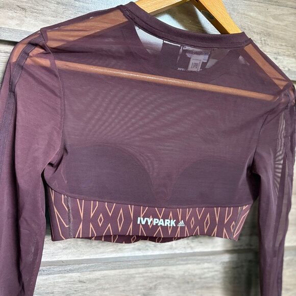 Adidas Ivy Park Monogram Brown Athletic Crop Top Mesh Long Sleeves Women's S - Picture 9 of 13